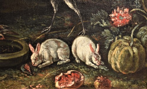 Antiquités - Cour de ferme avec des animaux et des Fleurs - École Flamande du XVIIe siècle